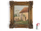 une vieille peinture représentant une maison avec un jardin devant