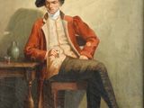 tableau représentant un homme vêtu d'un manteau rouge et d'un chapeau, assis sur une chaise