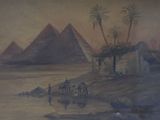 painting of a painting of a desert scene with a horse drawn carriage and pyramids in the background