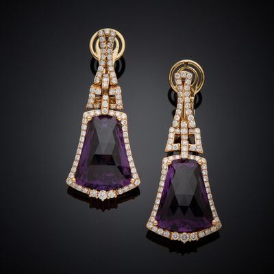 a pair of amethorate and diamond earrings