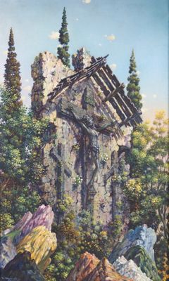 une peinture à l'huile représentant un bâtiment au milieu d'une forêt