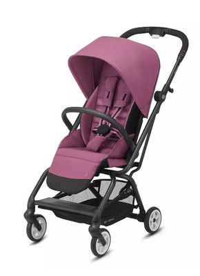the buggy stroller is pink and black with a black handlebar