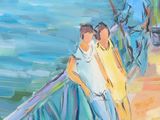 a painting of a group of people standing on a pier