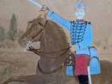 a painting of a man riding a horse with a sword