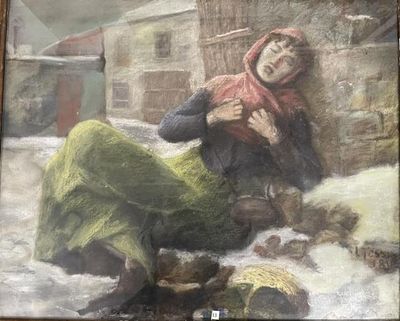 un tableau représentant une femme assise par terre dans la neige