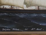 an oil painting of a sailing ship in the middle of a body of water