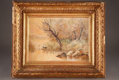 a painting of a river scene with a deer in the distance