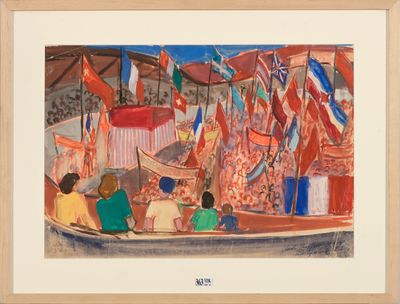 Aquarelle et gouache sur papier "Stade Buffalo, 1949, Rallye…
