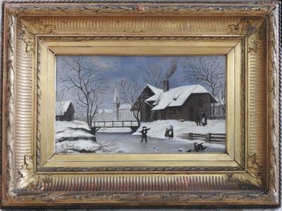 tableau encadré représentant une scène hivernale avec une église en arrière-plan