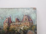an oil painting of a castle on a hill with trees in the foreground