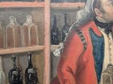 a painting of a man sitting at a table with a bottle in his hand