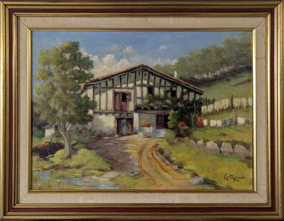 an oil painting of a farm house in a rural setting