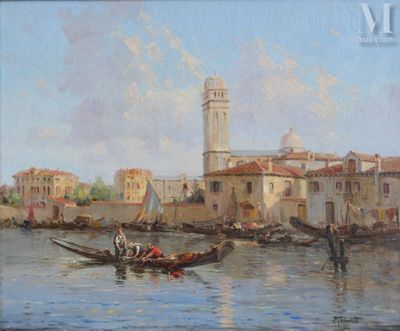 un tableau représentant une gondole sur l'eau avec des personnes à bord