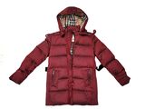 the jacket is red and has a hood on it