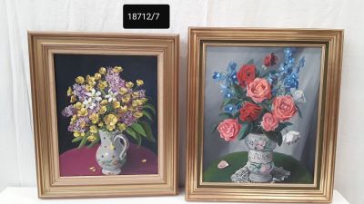 two paintings of flowers in a vase on a table