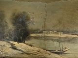 a painting of a boat on the water near a tree