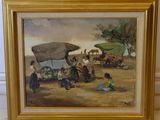 painting of a group of people on a beach with a boat in the background