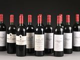 six bottles of red wine lined up in a row on a table