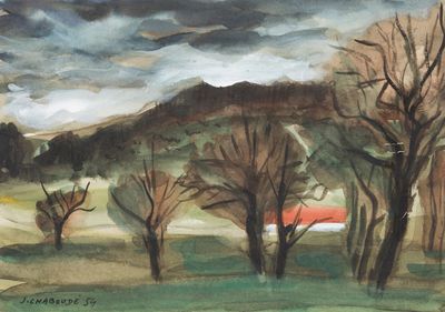 a painting of a field with trees and a barn in the distance