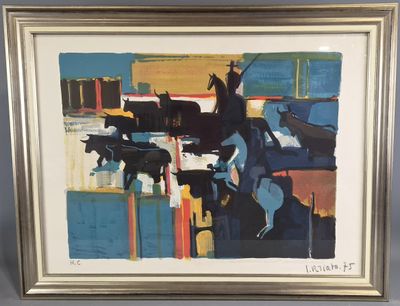 painting of a man riding a horse in a city with cows