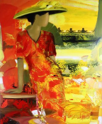 a painting of a woman wearing a red dress and a hat