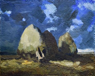 SIGNATURE ILLISIBLE "Les meules de foin avant l'orage" hsp, …