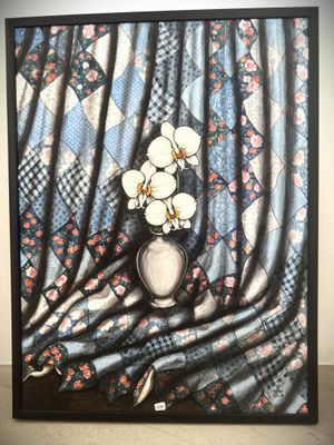 painting of a vase with flowers on a table with a blue and white background