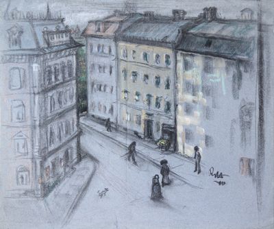 dessin représentant des personnes marchant dans une rue d'une ville aux grands immeubles