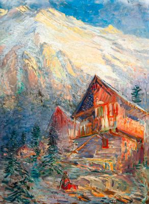 painting of a mountain scene with a red barn and snow capped mountain