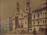 painting of an old picture of a city square with a church in the background