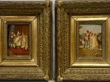 une paire de tableaux anciens encadrés représentant des femmes et des hommes en tenue de cérémonie
