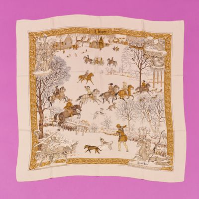 an image of a scarf with a picture of horses and people in a snowy landscape
