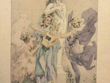 a drawing of a woman playing a guitar in front of a group of people