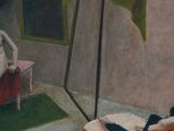 a painting of a woman sitting on a bed in a room