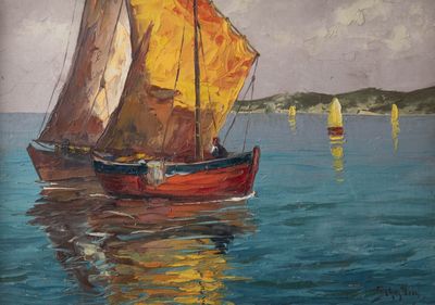 une peinture représentant un voilier sur l'eau, avec des voiles jaunes