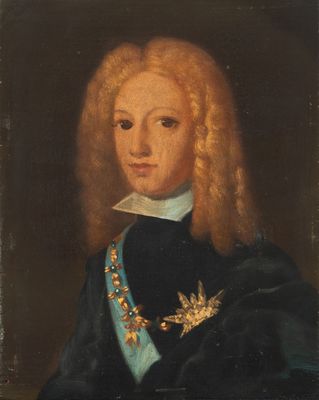 un tableau représentant un homme aux cheveux longs, vêtu d'un manteau bleu
