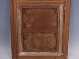 an old wooden cabinet with a glass door on a white surface
