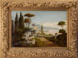 une peinture à l'huile représentant la vue d'un village avec une église au loin