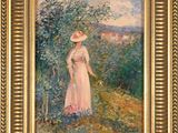 an oil painting of a woman in a pink dress and hat