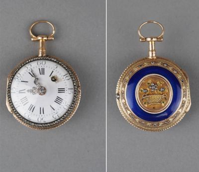 two different views of a gold and blue pocket watch with roman numerals