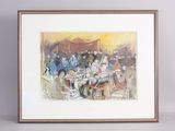 painting of a group of people sitting at a table in a restaurant