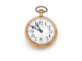 a gold pocket watch on a white background with a blue second hand