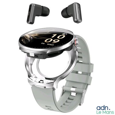 une photo d'une montre connectée à laquelle sont fixés des écouteurs