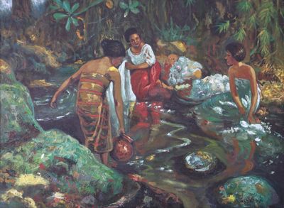 tableau représentant un groupe de personnes se lavant dans un ruisseau au milieu d'une forêt