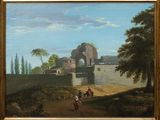peinture représentant un paysage avec un château au loin et deux hommes à cheval