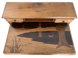 a wooden desk with a drawer on top of it