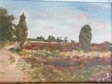 a painting of two trees in a field of flowers