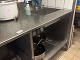 une cuisine équipée d'une cuisinière, d'un évier et d'une casserole posée sur le plan de travail