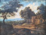 an old painting of a farm scene with a man and a dog
