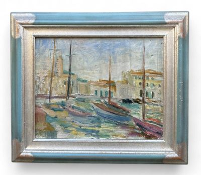an oil painting of boats in a harbor with buildings in the background